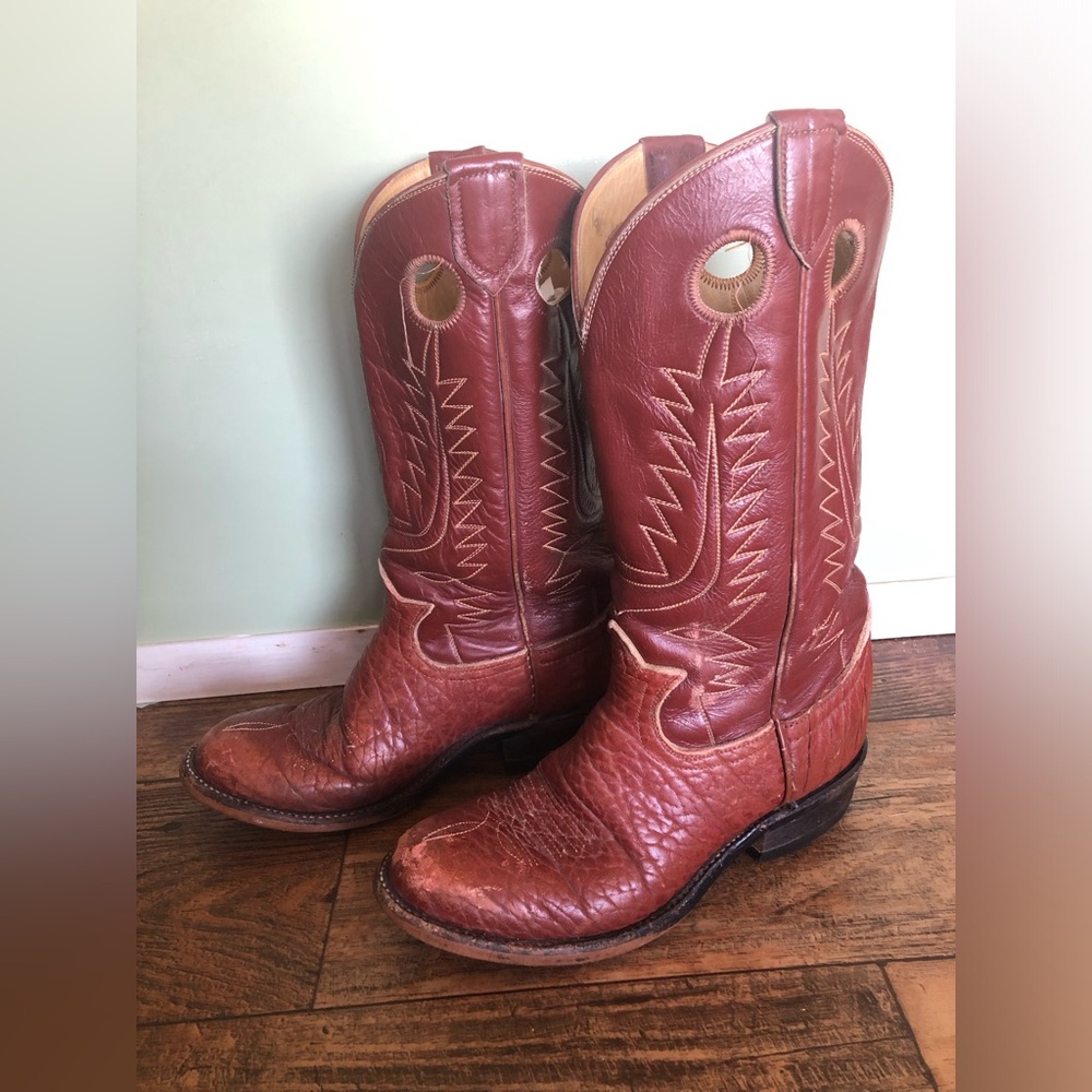 Tony Lama Vintage Youth Boots Sz 3 D Red Brown Cowboy Round Toe No 1056